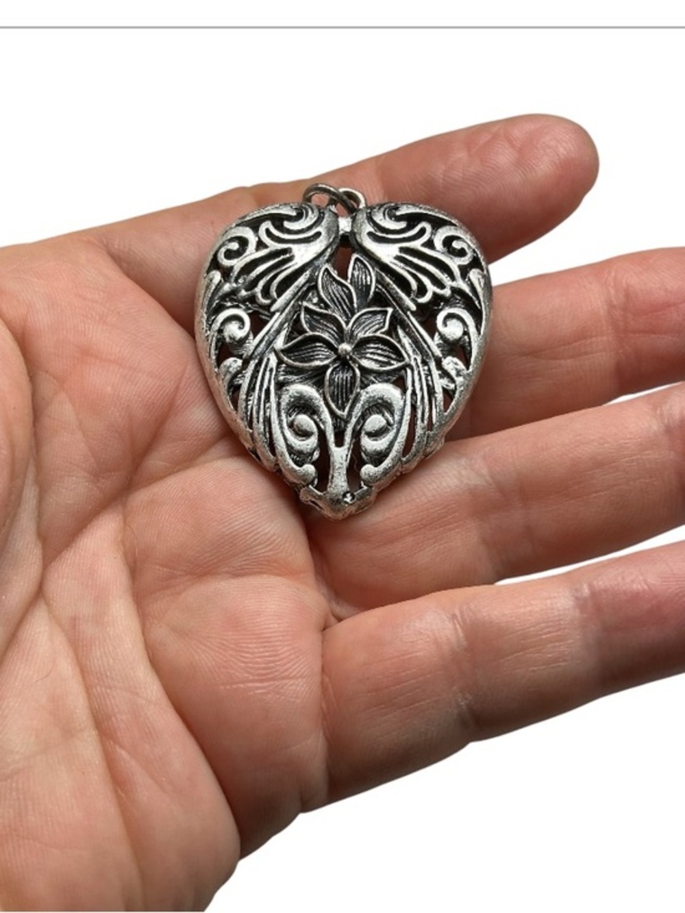 Large 2” floral motif heart scroll sterling silver pendant